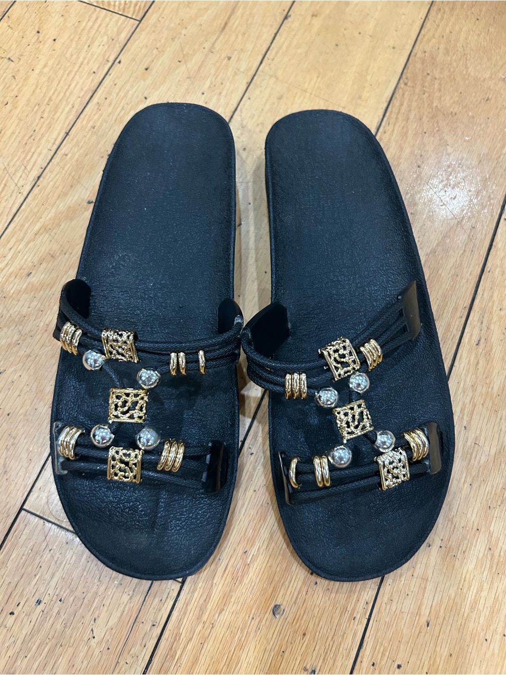 Women's Black Slide Sandals with Gold Accents